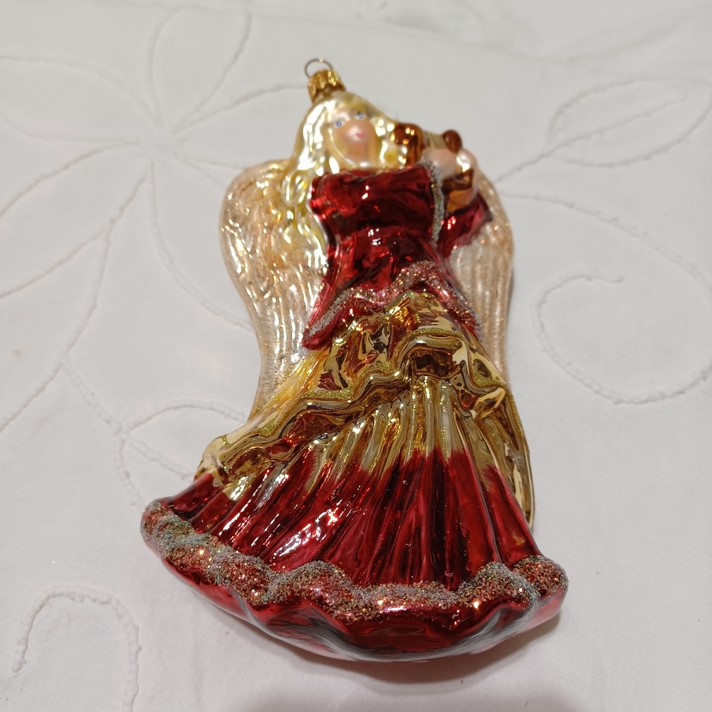 Glassware Art Studio Poland Hand Blown Glass 7" Angel Gold & Red Ornament In Box